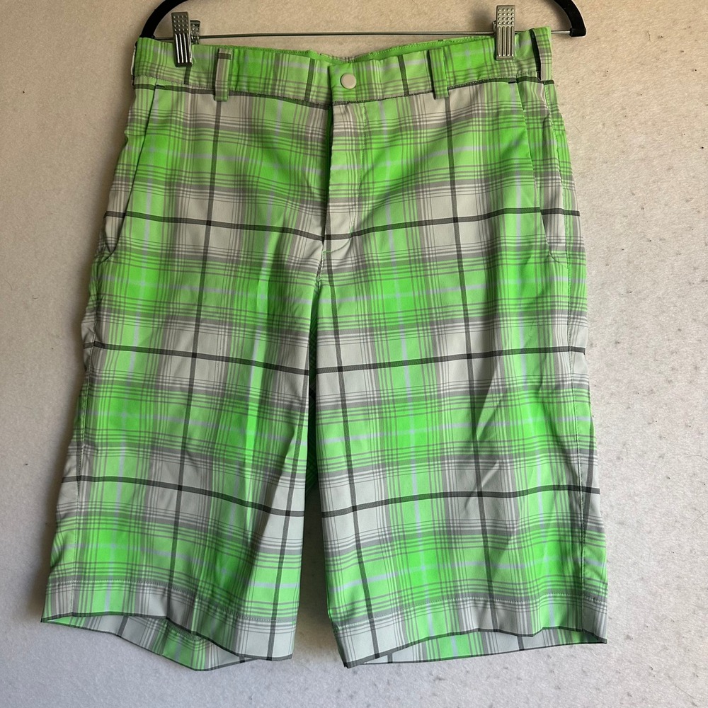 Nike‎ Golf Dri-FIT Tour Performance Plaid Shorts Mens 30 Neon Green Grey 509182